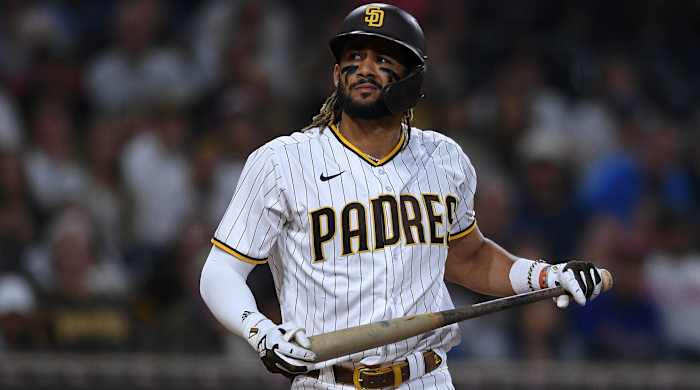 Padres right fielder Fernando Tatis Jr. reacts during a game against the Phillies.